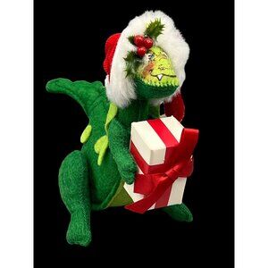 Annalee 1990 Christmas Green Santa Dragon Figurine Holding Gift Box 5" Vtg Figur